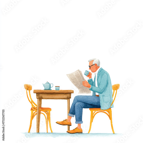 Elderly man reading newspaper at table with tea.