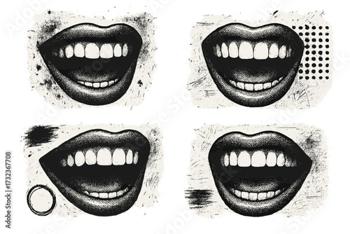 Laughing mouth halftone pop art set. Grunge smile lips collection. Vector texture elements for collage poster design. Retro graphic illustration with happy emotion.