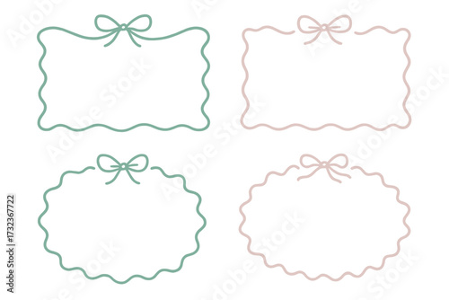 Hand drawn frame set with cute bows. Elegant pink and green wavy border collection. Whimsical squiggly rectangle & oval shapes for wedding invitation, birthday card or label.