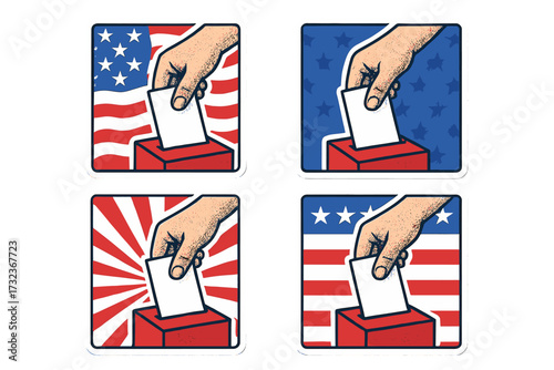 Election day banner set for USA Vote 2026. Hand casting ballot into a box. American patriotic political campaign posters for social media. Retro halftone sticker design.