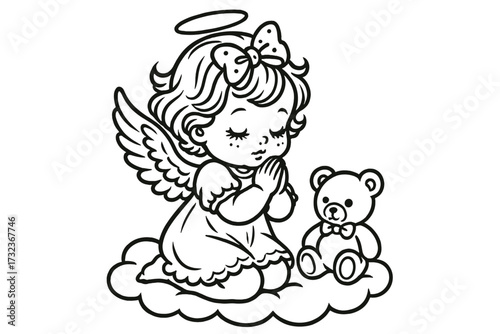 Cute angel baby girl praying on a cloud with a teddy bear. Sweet cherub with halo and wings in prayer. Religious coquette cartoon contour vector illustration. Line art.