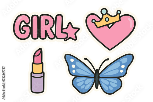 Set of girly quote stickers in 90s Y2K style. Cute bubble lettering and glamorous elements like lipstick, butterfly, heart with crown. Retro graphic design vector illustration.