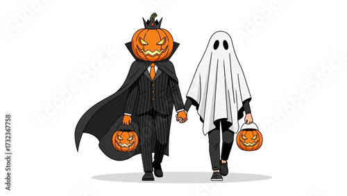 Pumpkinhead and Ghost Duo Celebrate Halloween: A ghost and pumpkinhead hold jack-o-lanterns and walks.