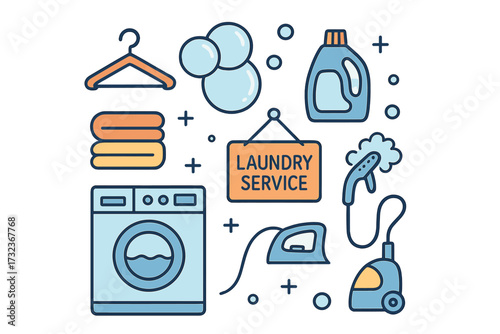 Laundry service vector icon set. Flat line art symbols for launderette and dry cleaning. Collection includes washing machine, iron, detergent, hanger, and garment steamer.