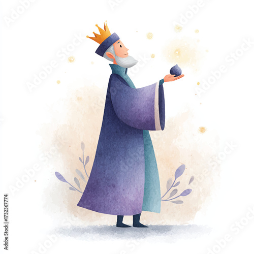 Elderly regal figure holding an object, illustration style, detailed depiction of a king or wise man, artistic representation of a spiritual leader, unique character design.