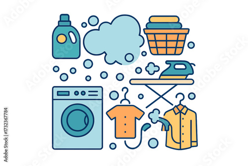 Laundry service concept. Launderette and dry cleaning. Flat icons set. Washing machine, iron, garment steaming, bubbles. Housework equipment. Clothes care, household chores.