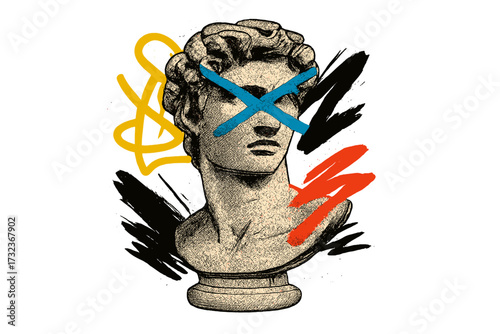 Male antique bust sculpture in retro halftone texture. Vintage pop art style with abstract graffiti strokes. Modern collage with classic statue. Vandalism art & censorship concept.