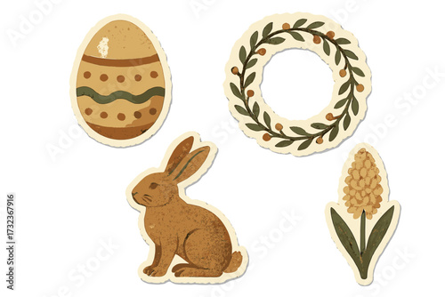 Easter sticker set with vintage bunny, painted egg, spring flower, and wreath. Rustic papercraft illustration for holiday decoration. Cute rabbit and hyacinth graphic elements.