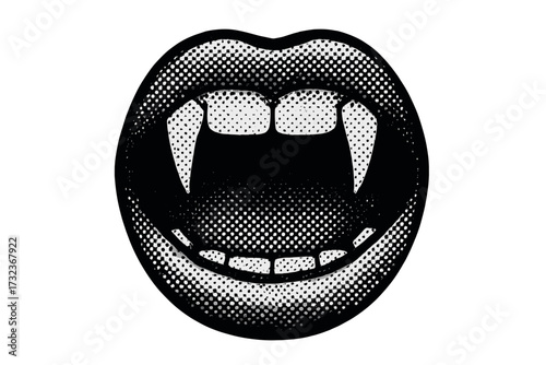 Vampire mouth with fangs in retro halftone style. Horror lips with sharp teeth. Gothic pop art vector illustration for Halloween. Scary monster smile, dotwork tattoo design.
