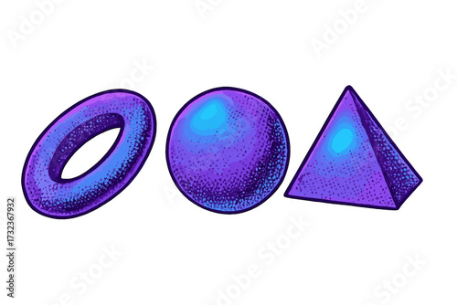 Retrofuturistic Y2K 3D geometric shapes set. Vector design elements with dotted halftone texture. Distorted ring, sphere, pyramid for vaporwave 80s & 90s nostalgia style.
