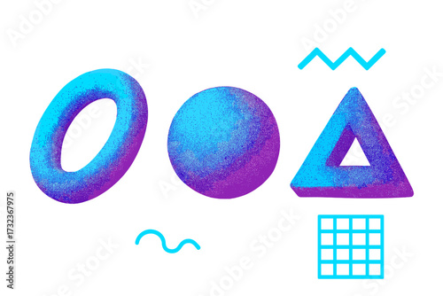 Retrofuturistic Y2K 3D geometric shapes set. Abstract vaporwave design elements from 80s and 90s. Distorted ring, sphere, triangle with dotted halftone vector texture.