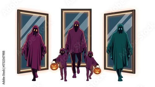 Enigmatic Guardians: Three cloaked figure stride forth, their presence framed by glowing mirrors and two little cute ghost children with halloween pumpkin basket are coming forward.