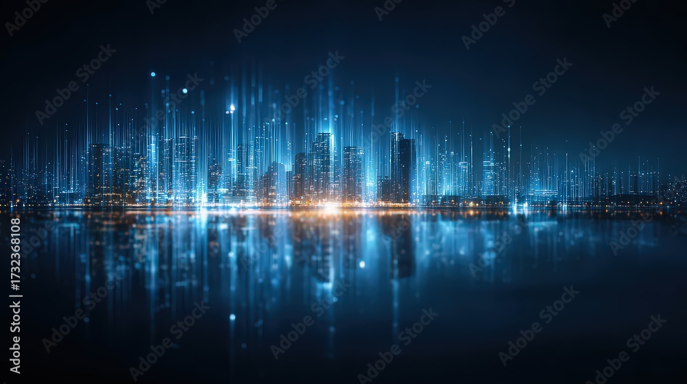 Fototapeta premium Futuristic Cityscape At Night With Glowing Lines And Reflections