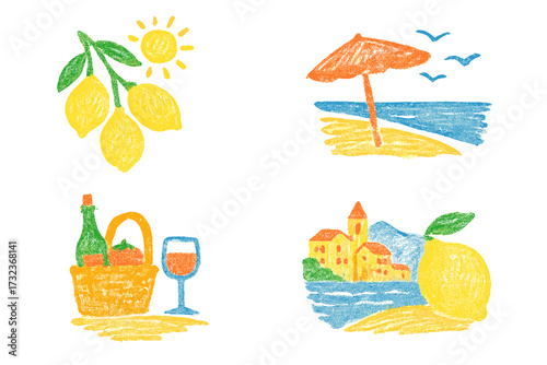 Italian summer vacation doodle set. Hand drawn chalk style illustrations of Italy. Cute pencil drawing collection with lemon, sea, beach, wine picnic and coastal village icons.