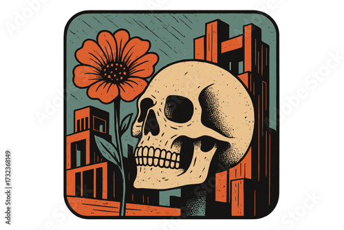 Retro futuristic brutalism poster. Human skull and flower. Abstract memento mori concept. Urban decay and nature contrast. Grunge texture vector art for print, sticker.