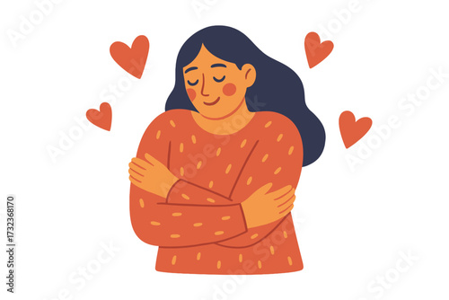 Love yourself concept. Woman hugging herself with hearts. Self-care, acceptance, and body positivity. Mental health and wellbeing vector illustration for emotional support.