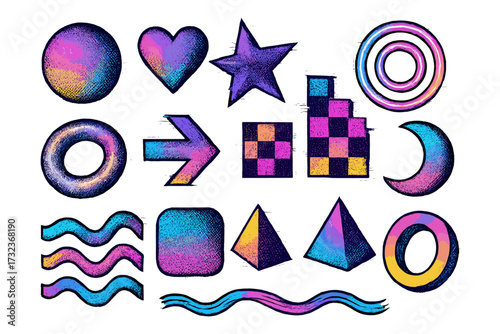 Retro Y2K shapes set with 3D gradient effect. Big collection of universal geometric forms like star, heart, circle with glitch, dither, noise texture for aesthetic design.