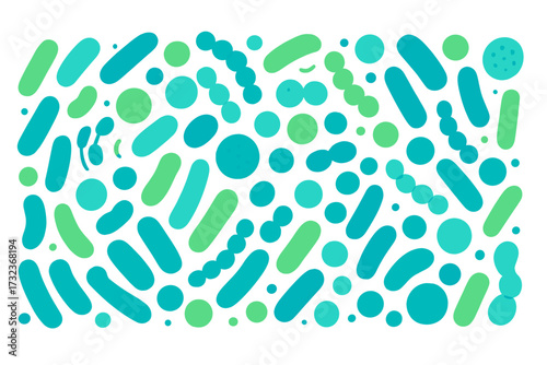 Microbiome abstract banner design. Probiotics and prebiotics concept. Lactic acid bacteria, bifidobacterium. Good microorganisms for gut and intestinal flora health. Vector pattern.