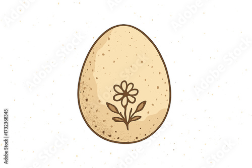 Organic fleck eggshell texture with floral imprint. Minimalistic Easter egg ornament. Vintage ecru backdrop with dots and speckles. Natural hand-drawn flower illustration.