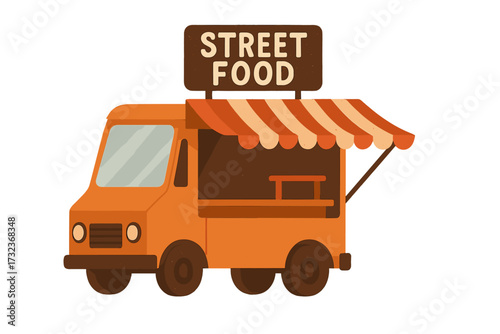 Street food truck vector illustration. Opened mobile kitchen van with awning for fast food festival or market. Small business takeaway concept. Retro textured flat design.