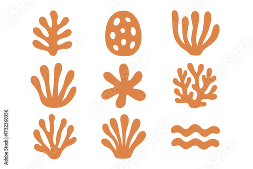 Set of abstract coral shapes in Matisse style. Naive organic art composition of underwater world elements. Minimalist childish doodle vector illustration. Simple hand drawn sea forms.