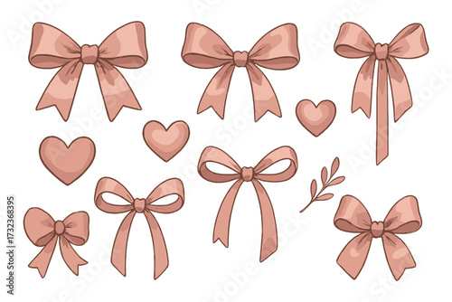 Pink romantic elements set with vintage satin bows and hearts. Silk ribbon collection for gifts, present knots and wrapping. Vector illustration for Valentine's day celebration.