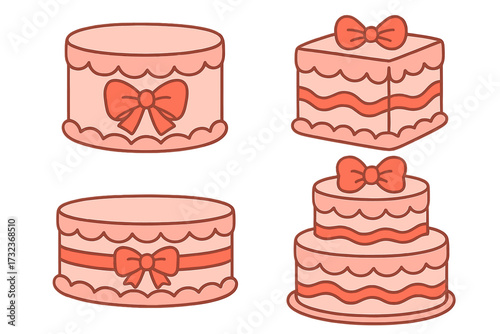 Retro coquette cakes set in pink pastel colors. Vintage dessert with red bows. 70s 80s inspired flat design. Cute hand drawn vector cartoon for bakery, birthday, wedding.