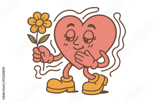 Retro groovy heart character smelling a flower. Cute mascot in 70s cartoon style for Valentine's day. Love and romance concept. Funny comic personage vector sticker illustration.
