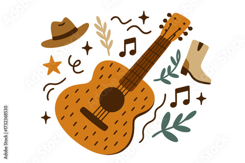 Country music vector illustration with acoustic guitar, cowboy hat, and boots. Hand drawn flat doodle art for a western music festival, concert poster, or Nashville party event.