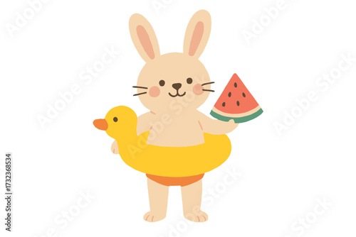 Cute rabbit with duck swim ring and watermelon. Summer beach activity. Vector flat hand drawn cartoon character illustration for holiday, vacation, kids design and nursery decor.
