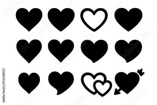 Collection of black heart vector icons. Love symbols set with different shapes for design. Romance, passion and Valentine's Day graphic elements. Solid, outline, arrow hearts.