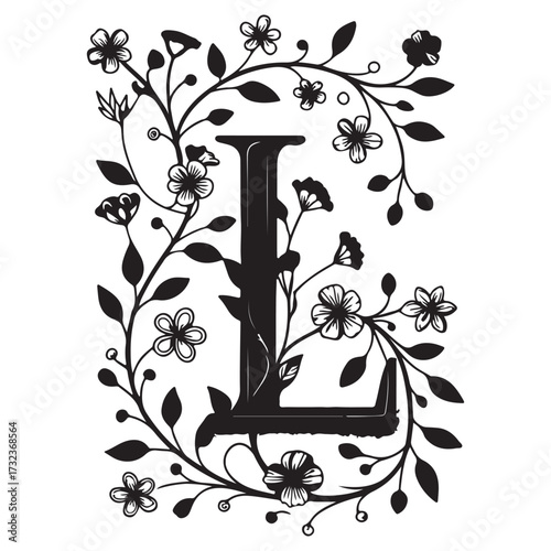 Floral letter l design isolated on white background, showcasing a decorative wreath with flowers and leaves around the letter