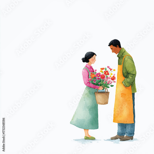 Flower seller and customer interaction, a moment of exchange.