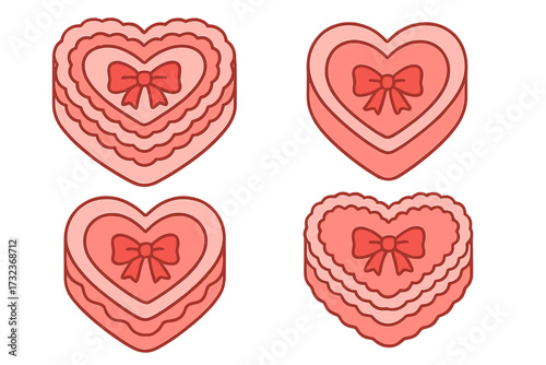 Set of retro heart shaped cakes in a groovy coquette design. Cute pink and red dessert with ribbon bow for Valentine's day. Y2K cartoon vector icon pack for love celebration.