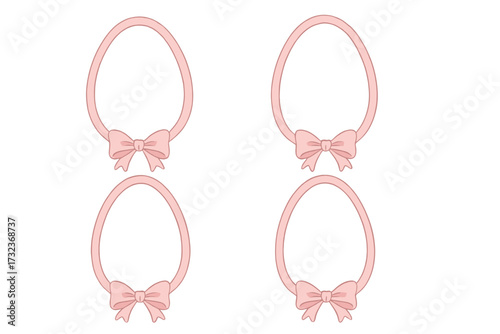 Coquette pink bow frame set. Egg shaped ribbon border collection for Easter. Girly vintage aesthetic design element for invitation, baby shower card, social media post.