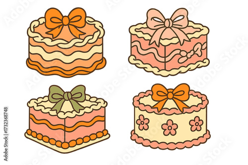 Set of retro cakes in groovy coquette style with ribbon bows. Hand drawn 70s vector illustration for birthday, pastry shop. Sweet dessert, cute celebration food graphic.
