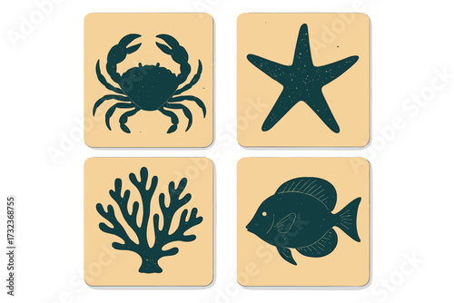 Sea creatures silhouette vector icon set. Hand drawn marine animal collection with crab, starfish, coral, fish. Underwater sea life concept for posters, cards or covers.