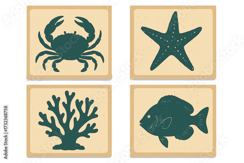 Set of vintage sea life cards. Collection of retro marine animal silhouettes. Crab, starfish, coral, and fish icons for posters or covers. Underwater aquatic vector illustrations.