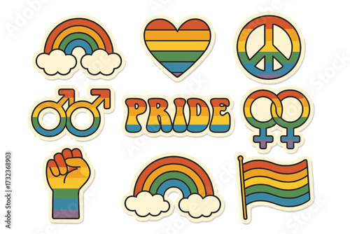 Retro LGBTQ pride sticker set. Groovy 70s style vector collection with rainbow flag, heart, peace sign, and gender symbols. Gay and lesbian community icons for pride month.