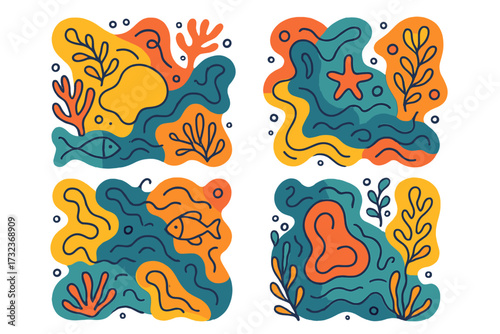 Set of summer abstract underwater compositions. Hand drawn doodle style marine life banners with fish, coral, and seaweed. Contemporary organic liquid blob shapes vector.