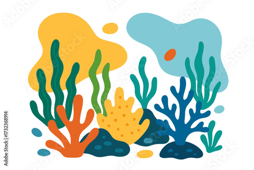 Summer card design with abstract organic shapes of underwater plants. Vector flat background with ocean seaweed, algae and corals in a naive, colorful, modern minimalist style.