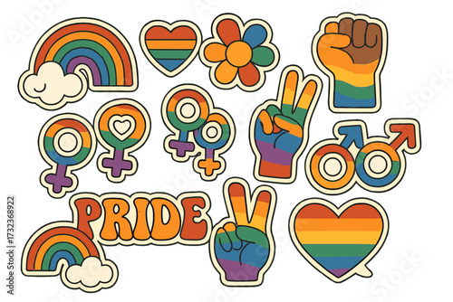 Retro groovy LGBTQ sticker set with pride rainbow flags, hearts, and gender symbols. 70s style collection for pride month, gay and lesbian community support and equality.