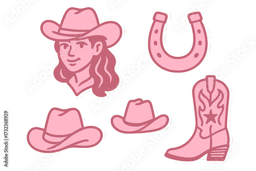 Pink cowgirl sticker set with Western wild west theme. Vector illustrations of cowboy hat, boot, lucky horseshoe and a cowgirl portrait. Girly rodeo aesthetic for bachelorette.