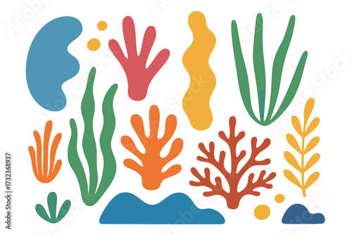 Summer ocean abstract shapes. Vector flat background with cute underwater plants. Algae, seaweed, and corals in naive style. Modern botanical marine life elements for design.