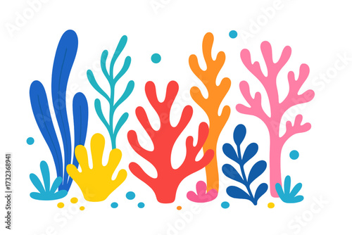 Summer sea card design with abstract organic shapes. Vector flat background with cute ocean underwater plants. Algae, seaweed, and corals in a colorful naive style.