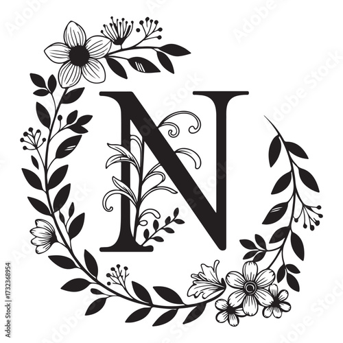 Letter n with floral wreath isolated on white background, a decorative monogram design for personalized stationery and crafts