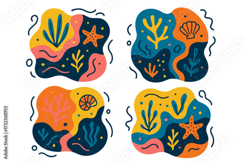 Set of summer abstract organic shapes. Doodle underwater compositions with sea life, coral, shells, starfish. Modern wavy liquid vector blobs for contemporary creative design.
