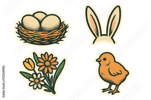 Happy Easter sticker set. Retro vector collection of torn paper collage elements. Includes chick, nest with eggs, bunny ears, and spring flowers. Vintage halftone design.