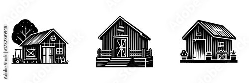 Modern Minimalist Tractor Garage Icon, Flat Silhouette of a Rustic Farm Building Vector for Agriculture Illustration Design