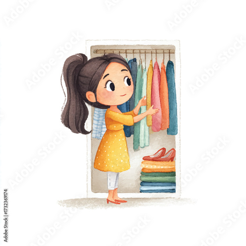 Girl selecting clothes from her wardrobe.